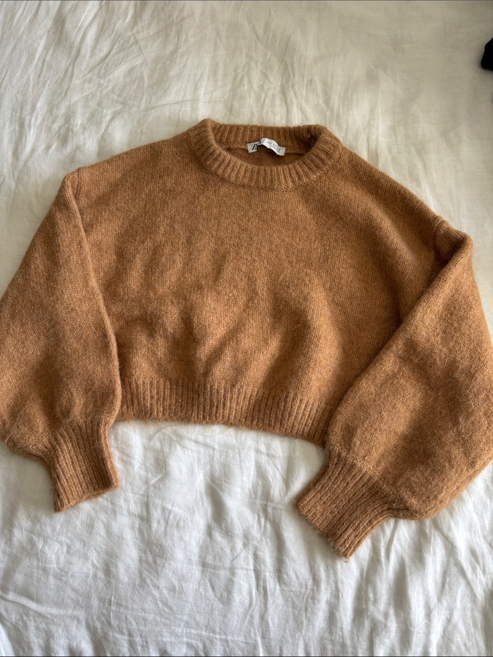 Zara Cropped Crewneck Sweater in Camel Brown